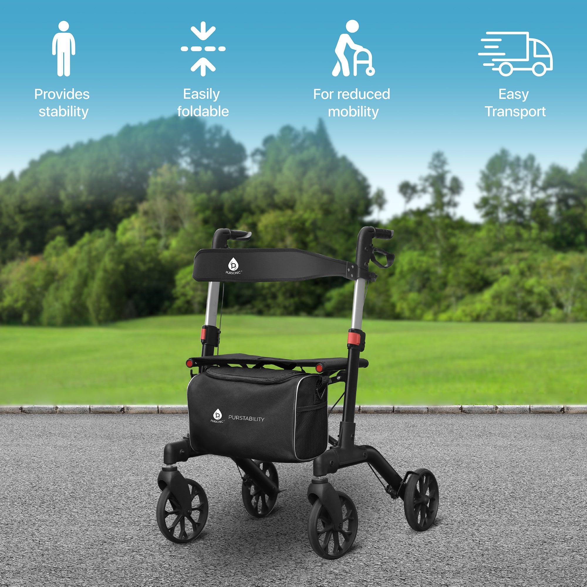 Foldable Wheeled Walker with Backrest and Bag - Adjustable Height, Lightweight, and Sturdy Design for Enhanced Mobility Support-3