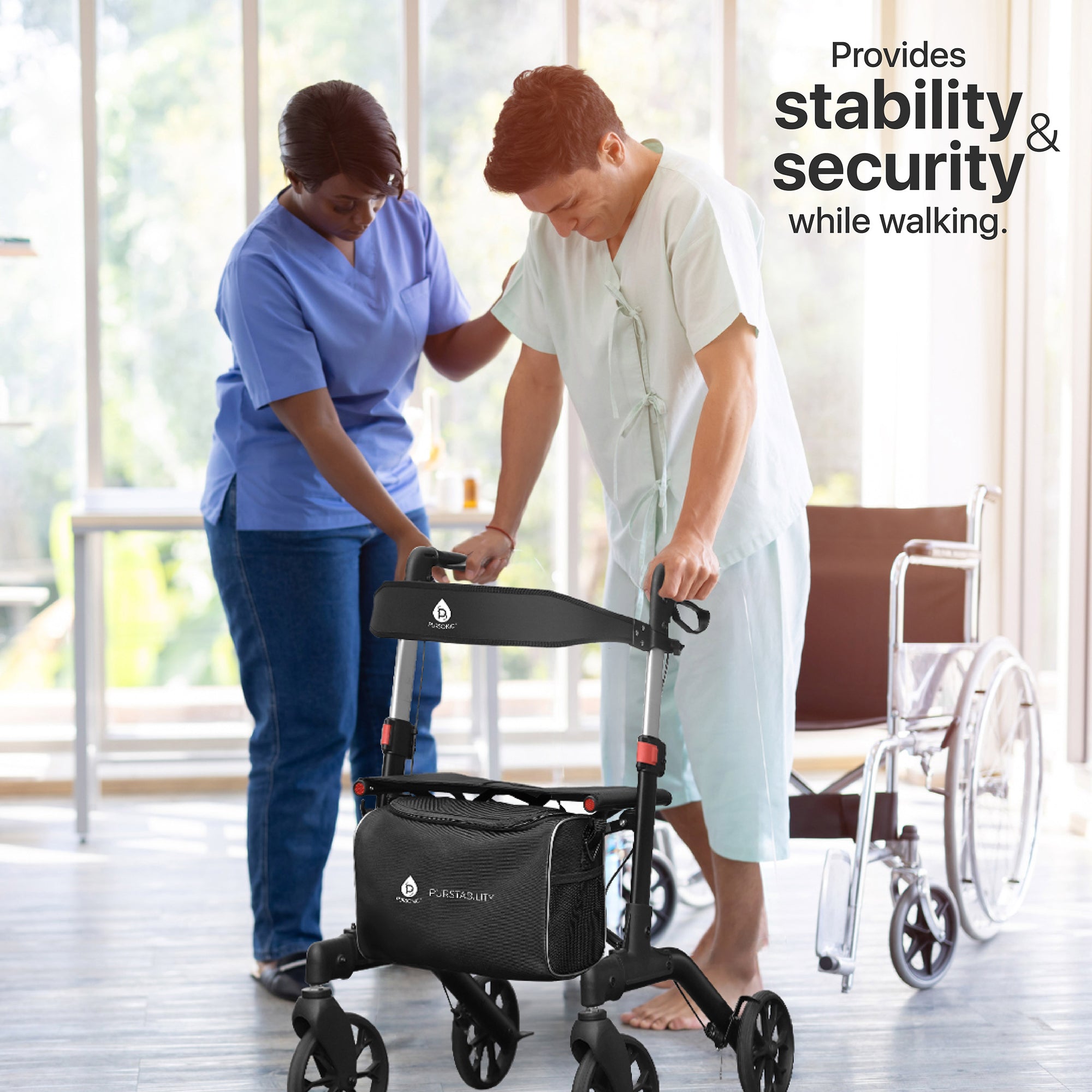 Foldable Wheeled Walker with Backrest and Bag - Adjustable Height, Lightweight, and Sturdy Design for Enhanced Mobility Support-2