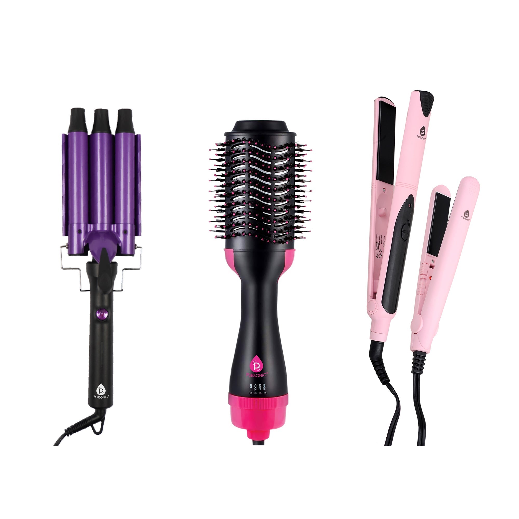 Professional Hair Styling Trio: Triple Barrel Curler, One-Step Volumizer & Flat Iron Duo Pack-0